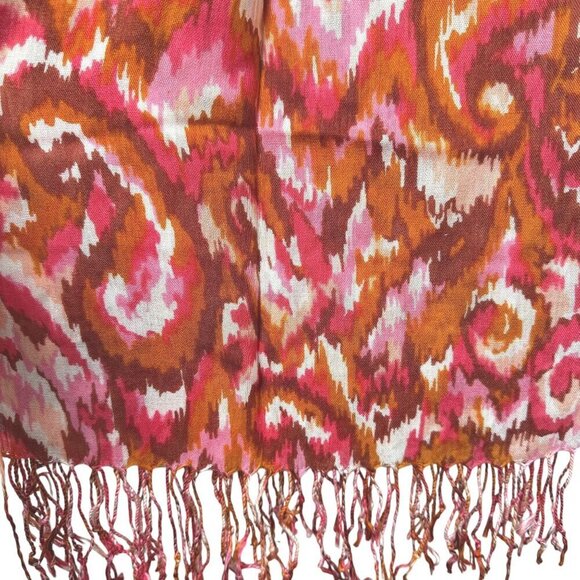 ISAAC MIZRAHI Live! Paisley Ikat Scarf Pink Print Rayon Fringed Oblong - Picture 2 of 5